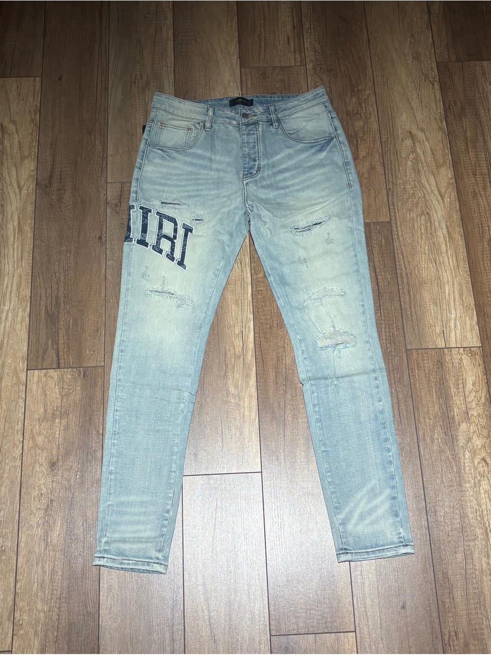 Amiri Light Blue Ripped Jeans Slim Fit with Blue Logo Mens Waist Size 32,36